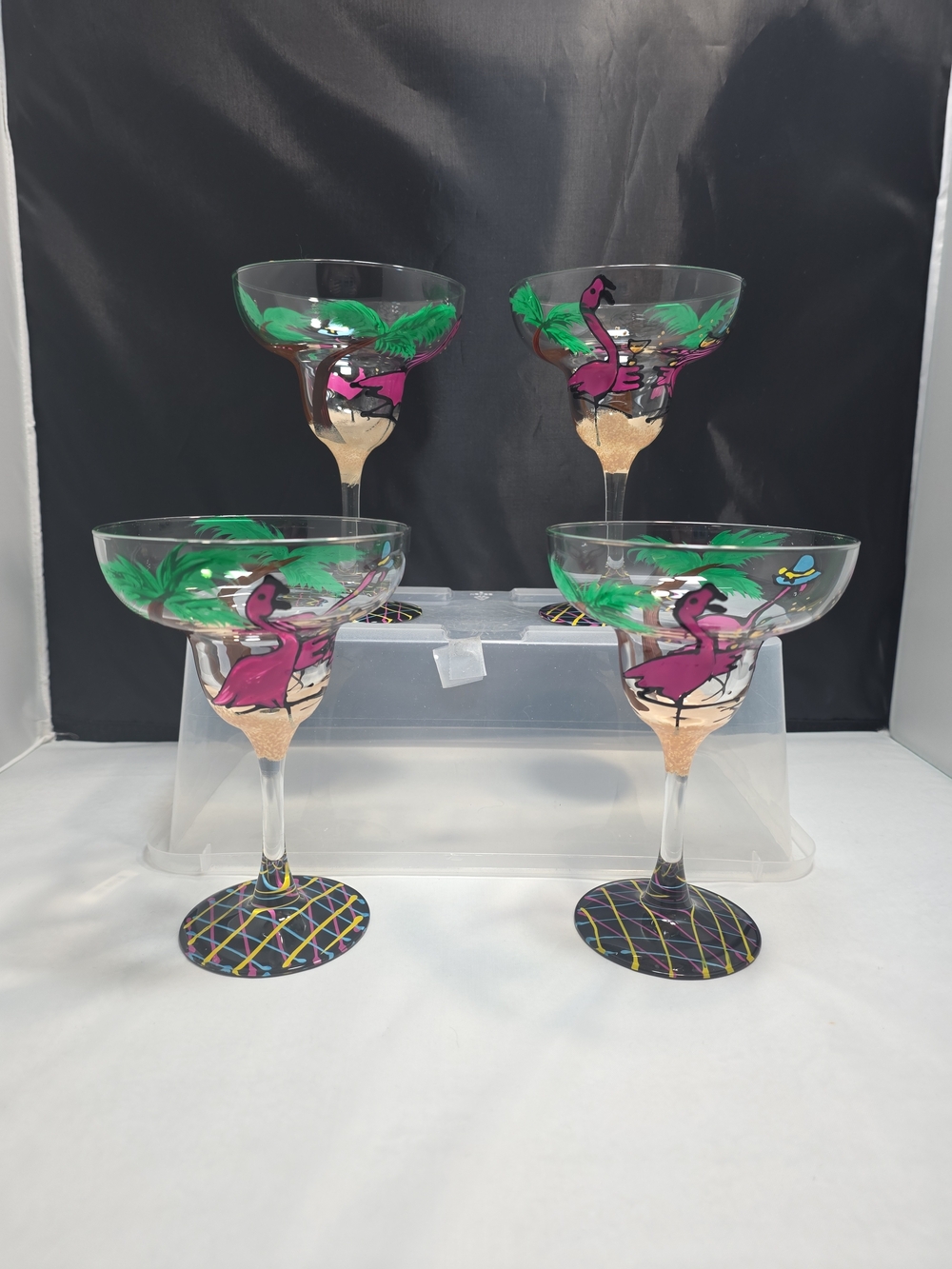 Hand Painted Flamingo Margarita Glasses Tropical Palm Trees 8 Oz Set of 4